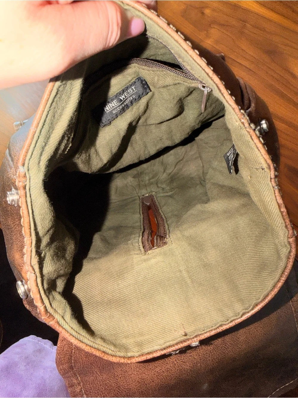 Vintage Nine West Brown Faux Leather Mini Backpack with Front Buckle Pockets